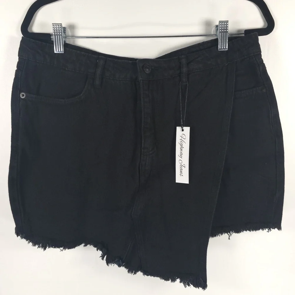NWT HIGHWAY JEANS‎ Black Denim Faux Wrap Asymmetrical Cut Off Shorts Size 13